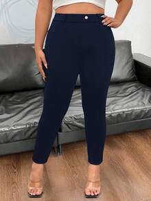 SHEIN PETITE 休闲纯色松紧腰修身紧身裤 - 藏蓝色 - 查看 3