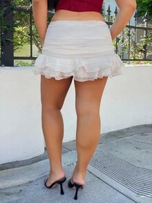 Nezia Cruz Women's Elegant Ruffle Hem Design Vacation Style Mini Skirt - Apricot - View 2
