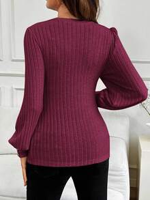 SHEIN Maternity Solid Color V-Neck Bubble Sleeve Ribbed Fitted T-Shirt Fall - Burgundy - View 2