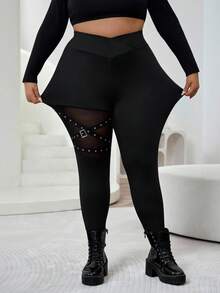 SHEIN CURVE+ Plus Size Fashionable Black Mesh Patchwork Leggings - Black - View 5