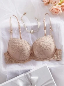 Esselle 1 件高品质蕾丝厚杯聚拢优雅钢圈女士文胸 - 杏色 - 查看 1