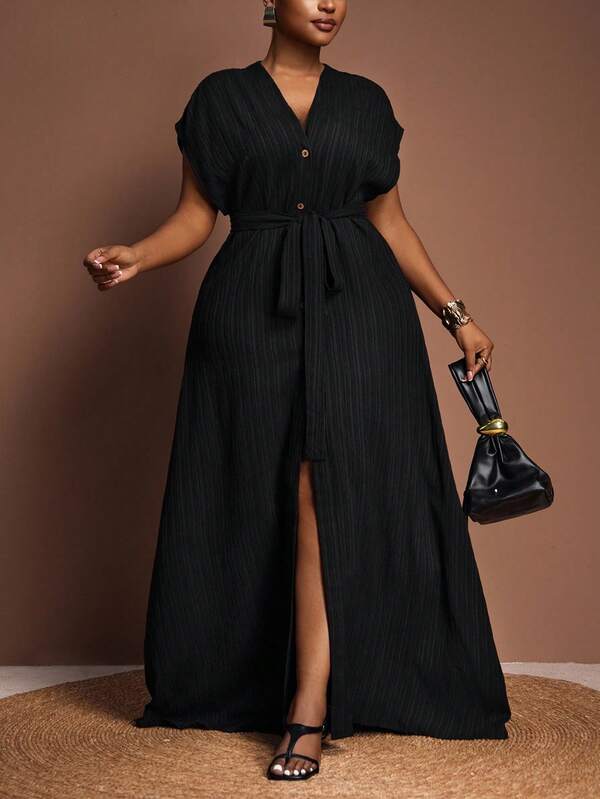 Veslaya Plus Size Women's Summer Versatile Casual All-Match Beach Elegant Ruffle Tie Front Short Sleeve Dress