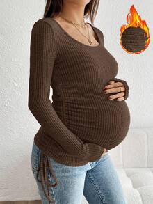 SHEIN Herbst/Winter Lässiges Umstandsmode Top mit Kordelzug und Rüschen, Stilloberteil, Schwangerschaftsshirts, Schwangerschaftskleidung, Braunes Langarmoberteil