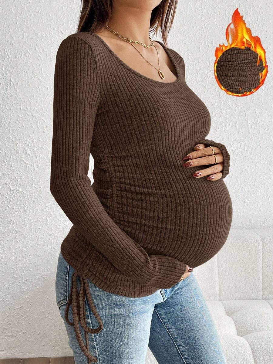 SHEIN Herbst/Winter Lässiges Umstandsmode Top mit Kordelzug und Rüschen, Stilloberteil, Schwangerschaftsshirts, Schwangerschaftskleidung, Braunes Langarmoberteil