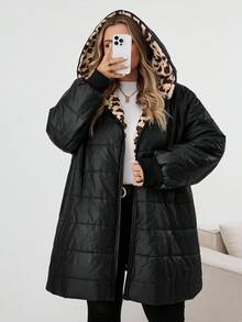 SHEIN CURVE+ 弧形加大码女式豹纹内衬保暖休闲宽松连帽外套，带口袋，防寒保暖，适合冬季外出、Theraml、女士冬装 - 彩色 - 查看 4