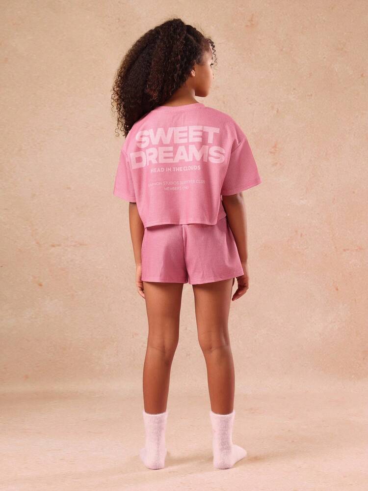 Knit Crop Top And Shorts Pajama Set With Text Print