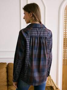 Women's Multi-Color Plaid Patchwork Brown Button Loose Western Casual Shirt, LanaWest - Multicolor - View 2