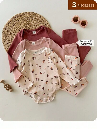 3pcs Newborn Baby Girl Cute Casual Ditsy Floral Elastic Knit Bodysuit