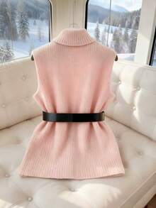 GlowEve 女士休闲优雅缺口领口袋针织开衫背心 - 粉色 - 查看 2