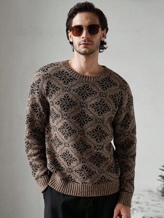 Manfinity CityGents 男士花卉提花圆领长袖休闲毛衣，秋季