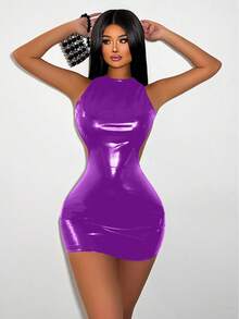 Zolique 女式纯色仿皮镂空后背圆领无袖修身迷你连衣裙 PU 皮革女装