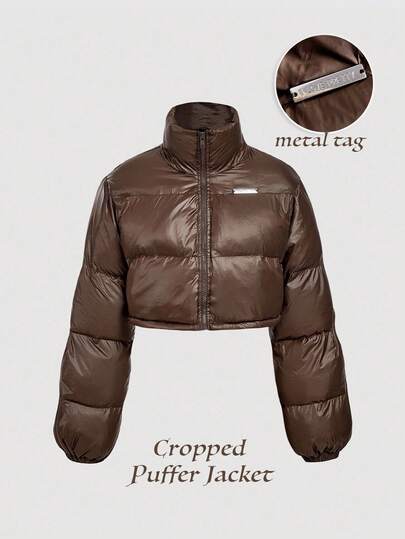 SHEIN MOD 秋冬棕色金属边短款高领棉服大衣