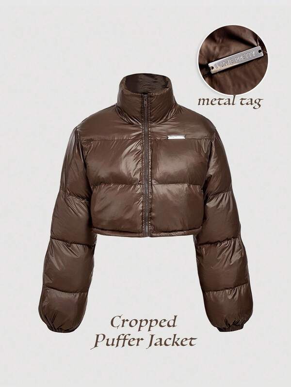 SHEIN MOD Brown Metal Trim Cropped High Collar Padded Coat In Fall/Winter