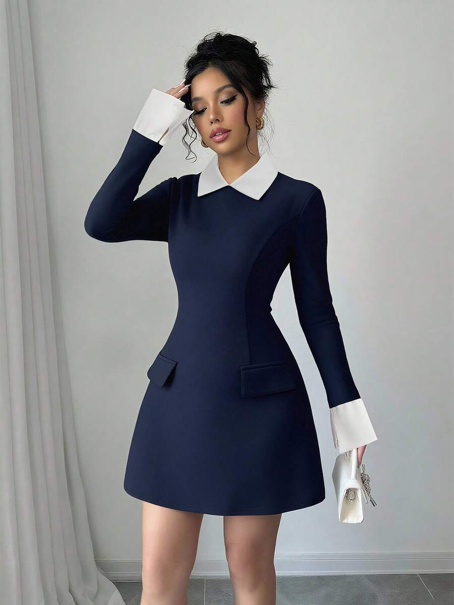 Elenzga 女式撞色衬衫领长袖仿口袋简约短款优雅连衣裙 - 藏蓝色 - 查看 1