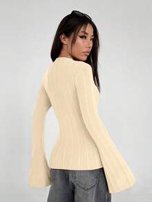 Flirla Áo len dài tay dáng xòe màu trơn thời trang dành cho nữ - Màu be - Xem 2