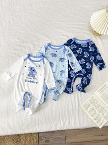 3pcs Newborn Baby Cute Rabbit Full Print Romper Set, Comfortable Home Outfit, Spring/Autumn Baby Bunny Print Romper Newborn Clothes Unisex Newborn Cotton Clothes Newborn Baby Boy Romper Long Sleeve Long Pants Romper