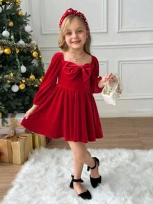 SHEIN Váy ngắn chữ A thắt nơ lớn màu đỏ trơn cho bé gái, tay dài, cổ điển thanh lịch, thích hợp cho tiệc tùng, giáng sinh, vũ hội năm mới, mùa đông - Màu Đỏ Sâu - Xem 9