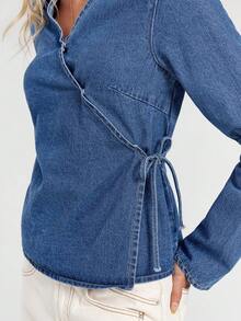Avantive Aqua Blue,Autumn,Casual,Everyday Women's Cowgirl Denim Top,Turndown Collar Long Sleeve Wrap Tie Blue Washed Denim Blouse,Elegant Chic Vintage Shirt - Blue - View 5