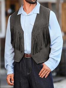 Manfinity Nomadique Men's Casual Fringe Detail Front Open Vest, Autumn Fringe Jacket Men S Cowboy Vest Western Wear For Men Fleece - Light Grey - View 3