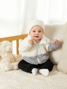 SHEIN 新生男婴/女婴多色块拼接拉链柔软羊毛夹克，舒适亲肤，简约时尚，百搭，室内外均可穿着，秋冬 - 彩色 - 查看 5