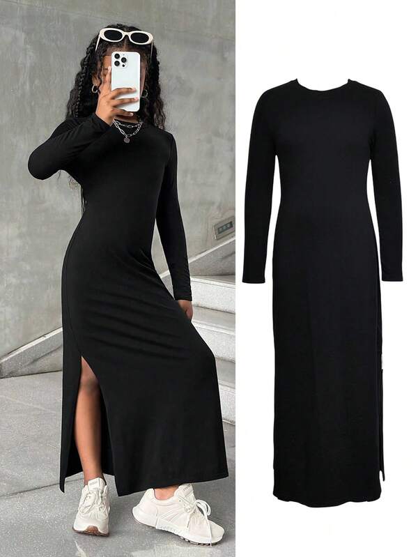 SHEIN Tween Girls' Casual Everyday Round Neck Fitted Dress, Black, Snug Fit, Casual, Daily Wear, Side Slit, Autumn/Winter