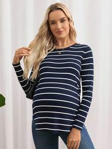 SHEIN Maternity Striped Button Back Butterfly Sleeve Curved Hem T-Shirt,Navy Blue Summer Smart Casual Everyday Pregnancy Shirts Long Sleeve Autumn Tops - Navy Blue - View 3