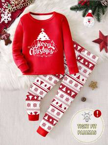 SHEIN 1 套男婴圣诞树和字母印花圆领长袖上衣搭配全印花费尔岛圣诞树紧身裤秋季睡衣，圣诞主题服装 - 紅色 - 查看 4
