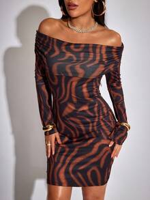 INAWLY Women's Off-Shoulder Long Sleeve Zebra Print Ruched Fitted Stylish Mini Dress - Multicolor - View 4