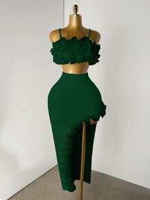 Mistrie 夏季鱼丝线3D花朵装饰白色纯色吊带背心上衣和开叉长裙两件套，适合聚会和约会活动 - 綠色 - 查看 5