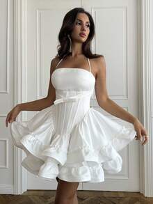 SHEIN BAE 优雅蝴蝶结装饰荷叶边美人鱼下摆性感迷你派对连衣裙