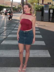 Turnttoni Cropped Tube Top Drapeado Vermelho com Estampa de Leopardo, Estilo Y2K, para Mulheres - Vinho - Visão 5
