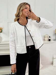 Serisse Áo khoác ngoài nữ mùa thu/đông viền kim loại, cài cúc đơn, đính sequin, màu trắng, áo khoác đính sequin, thích hợp cho Giáng sinh, Năm mới, Tiệc tùng. - Màu be - Xem 4