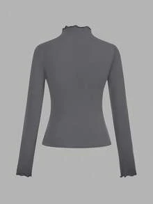 SHEIN EZwear 3 件女式高领荷叶边下摆紧身休闲长袖长款基本款 T 恤套装，95% 纯棉，适合秋冬分层穿着 - 彩色 - 查看 10