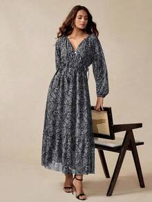 Florisole 女式波西米亚复古佩斯利印花宽松 A 字优雅灯笼袖设计系带装饰连衣裙，春秋 - 深灰色 - 查看 3