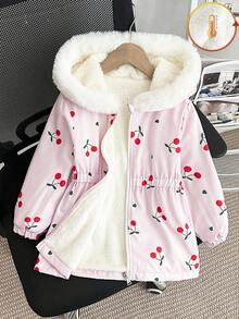 SHEIN Elladie kids 女童厚羊毛连帽夹克，人造毛领，修身款，拉链开合，适合 4-7 岁儿童，冬季外套 - 粉色 - 查看 3