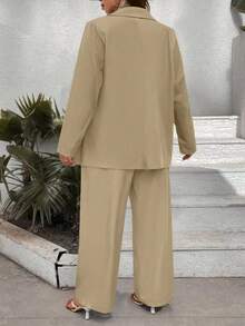 Elenzga Setelan Blazer dan Celana Panjang Wanita Ukuran Besar Kasual/Kantor Sederhana Warna Polos dengan Kerah Lapel - Khaki - View 2