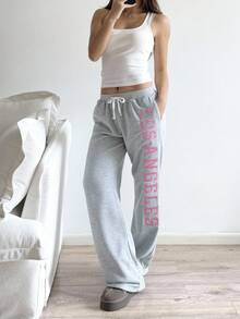 SHEIN Unity 女式灰色和粉色洛杉矶城市名刺绣低腰抽绳系带复古宽松运动裤，时尚休闲百搭通勤家居服运动服设计，秋冬 - 灰色 - 查看 6