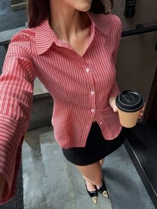 SHEIN PETITE 女式休闲条纹长袖单排扣衬衫 - 紅色 - 查看 4