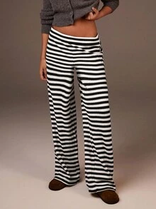 Athîral 女式条纹印花高腰休闲裤 - 黑與白 - 查看 1