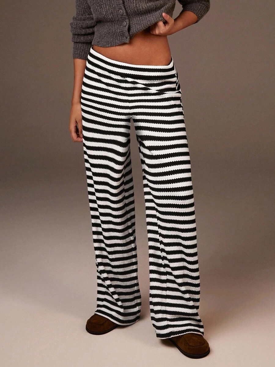 Athîral 女式条纹印花高腰休闲裤 - 黑與白 - 查看 1