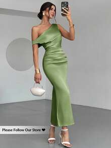 Firerie Women's Champagne Asymmetric Shoulder Satin Fitted Fishtail Dress, Elegant Evening Gown For Formal Occasions, Commute, Graceful, Sexy, Romantic, Date, Wedding Season, Graduation, Performance, Concert