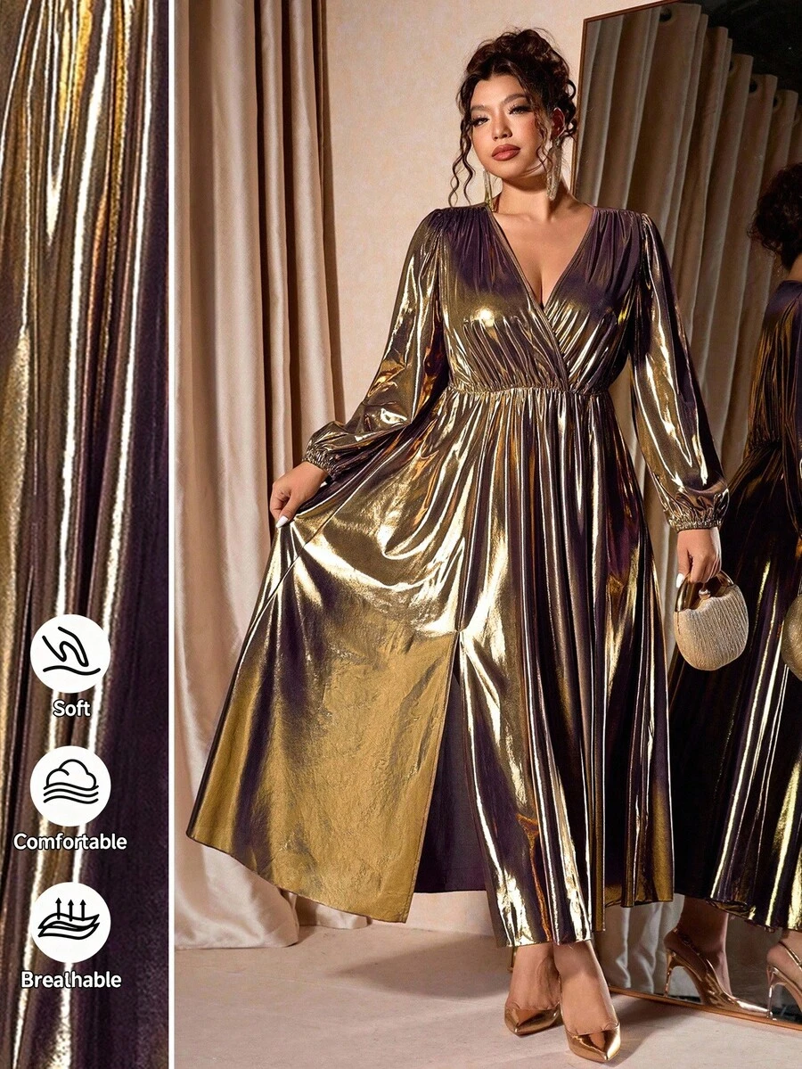 Cravure 加大码金属针织面料交叉V领灯笼袖收腰A字形派对连衣裙 - 金色 - 查看 1