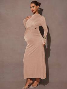 MaterniChic Maternity Gold Autumn Elegant Formal Solid Color Stand Collar Long Sleeve Ruched Fitted Midi Dress,Champagne Beige Nude Dresses For Women - Apricot - View 3
