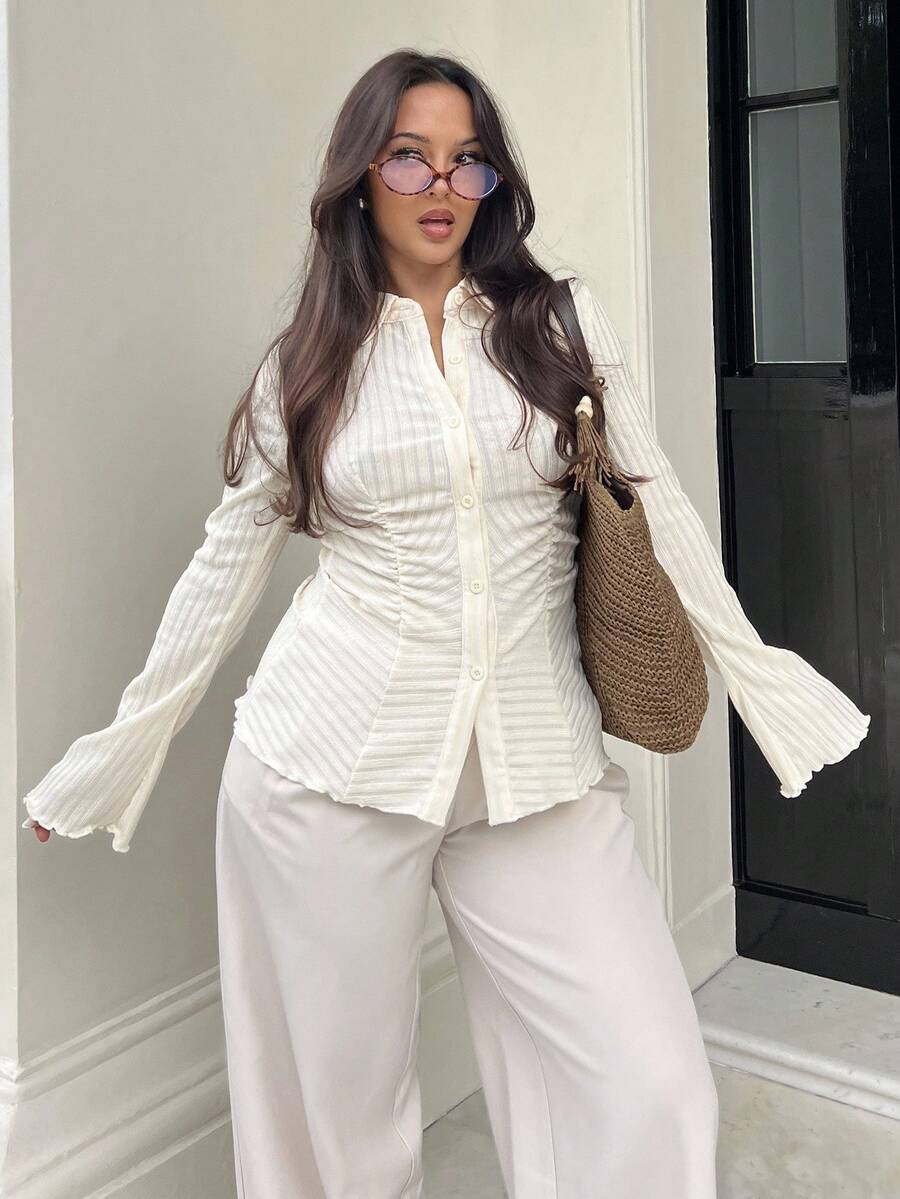 NegzBox Của phụ nữ Tay áo chuông Xếp li Áo thun - Màu be - Xem 1