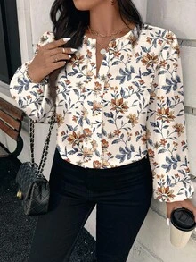 EMERY ROSE Plus Size Women Casual Elegant Retro Apricot Floral Print Shirt, Suitable For  Flower Shirt Floral Blouse Casual Blouse Women Blouses Long Sleeve Floral Shirt,Spring/Summer/Vacation - Multicolor - View 7