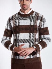 Manfinity CityGents Men's Casual Colorblock Plaid Knit Sweater, Autumn/Winter - Brown - View 6
