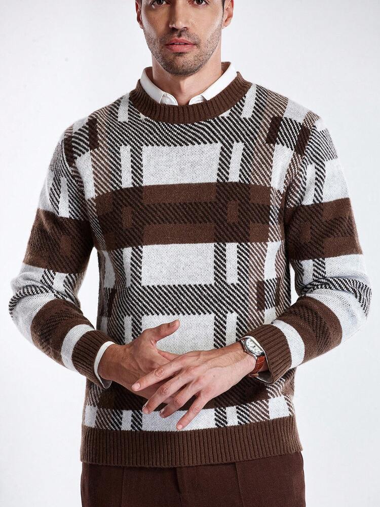 Manfinity CityGents Men's Casual Colorblock Plaid Knit Sweater, Autumn/Winter - Brown - View 6