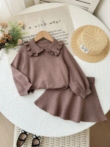 SHEIN Young Girl Solid Color Peter Pan Collar Long Sleeve Sweater And Knitted Mini Skirt Cute Set, Autumn/Winter - Brown - View 5