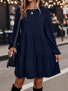 SHEIN LUNE 秋季休闲纯色圆领灯笼袖连衣裙 - 藏蓝色 - 查看 4