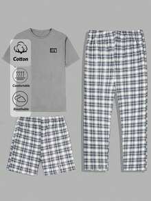 EURMUSE 男式纯棉格子印花拼接室内三件套常规T恤+短裤+长裤家居服套装 - 灰色 - 查看 1